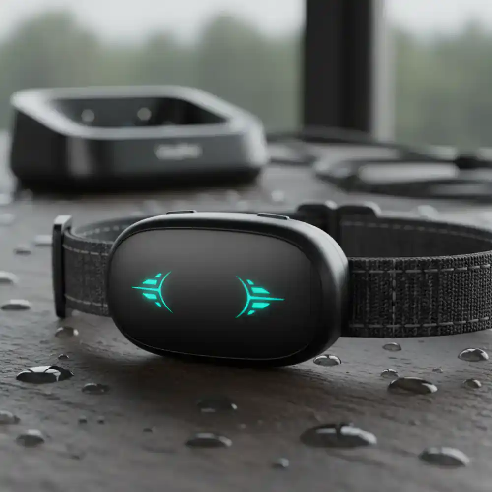 Detailed macro shot of the VitalPet smart activity tracker collar