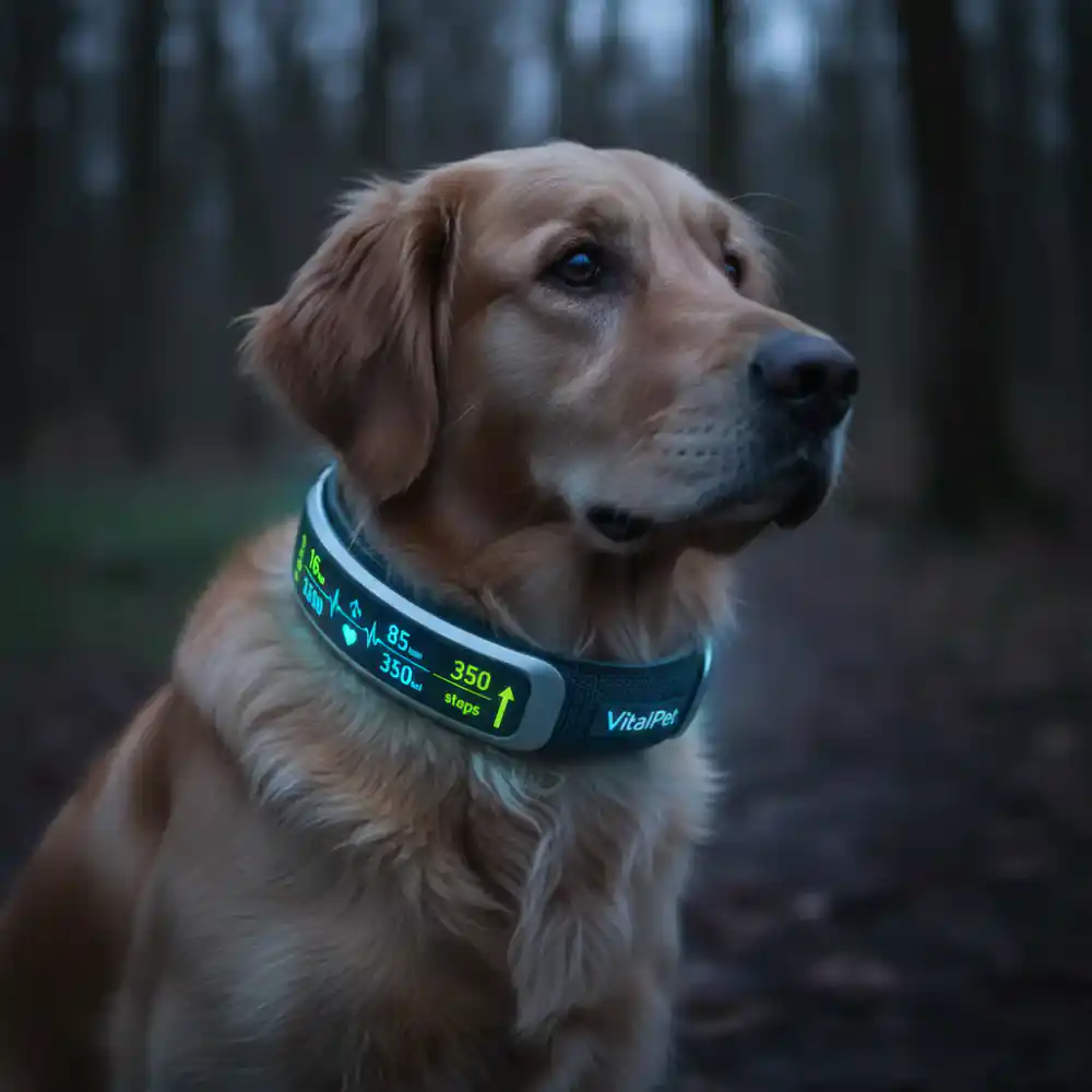 Dog wearing VitalPet activity tracker collar with illuminated metrics